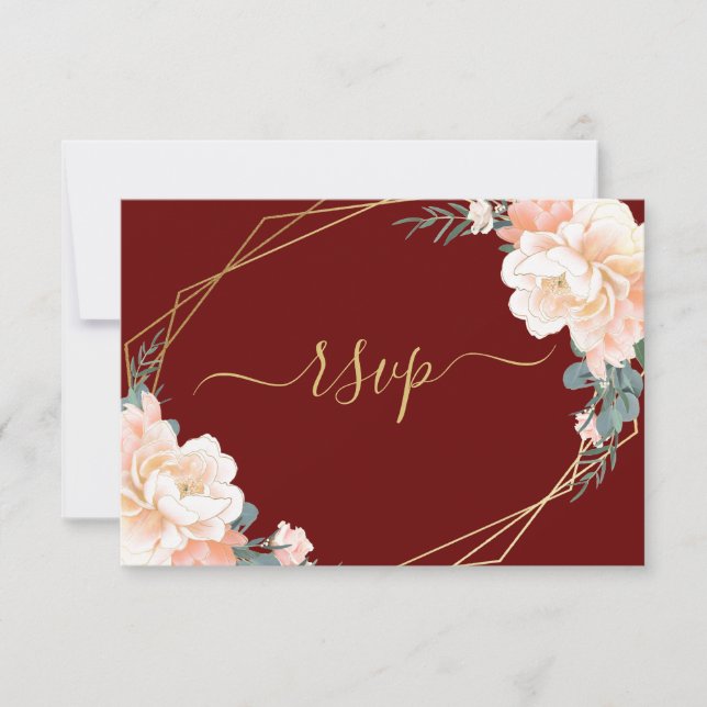 Elegant Gold Burgundy Blush Peach Floral Wedding RSVP Card (Front)