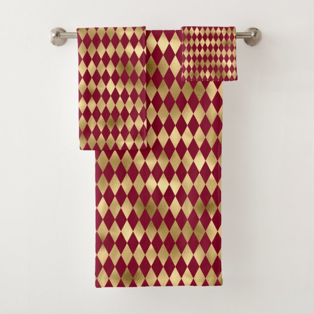Elegant Gold Burgundy Diamond Pattern Bath Towel Set (Insitu)