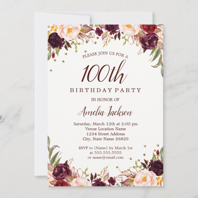 Elegant Gold Burgundy Floral 100th Birthday Party Invitation (Front)