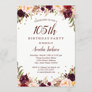Elegant Gold Burgundy Floral 105th Birthday Party Invitation