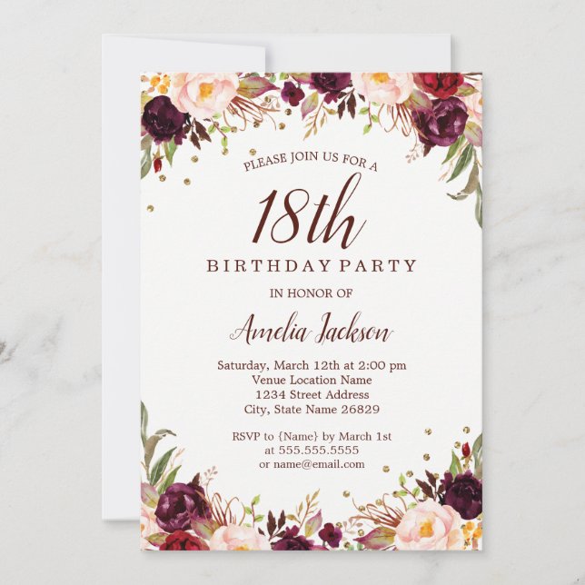 Elegant Gold Burgundy Floral 18th Birthday Party Invitation (Front)
