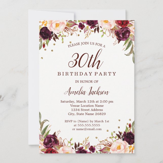 Elegant Gold Burgundy Floral 30th Birthday Party Invitation (Front)