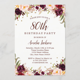 Elegant Gold Burgundy Floral 80th Birthday Party Invitation