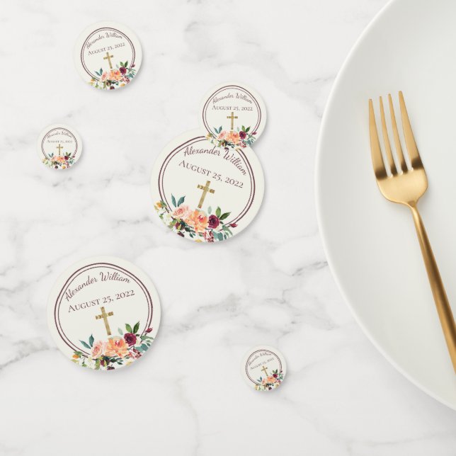 Elegant Gold Burgundy Floral Baby Christening Confetti (Group)