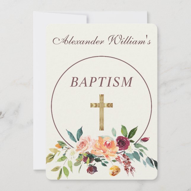 Elegant Gold Burgundy Floral Baby Christening Invitation (Front)
