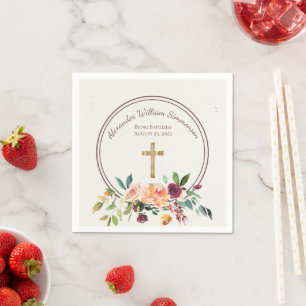 Elegant Gold Burgundy Floral Baby Christening Napkin