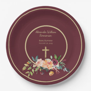 Elegant Gold Burgundy Floral Baby Christening Paper Plate