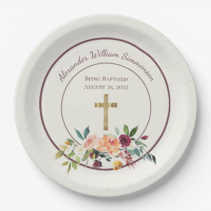 Elegant Gold Burgundy Floral Baby Christening Paper Plate