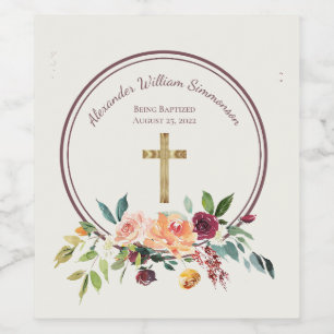 Elegant Gold Burgundy Floral Baby Christening  Wine Label