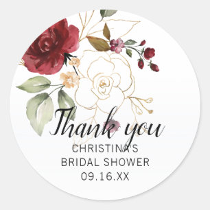 Elegant Gold Burgundy Floral Bridal Shower Classic Round Sticker