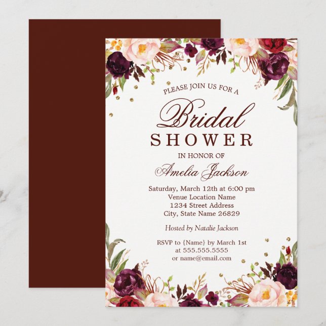 Elegant Gold Burgundy Floral Bridal Shower Invitation (Front/Back)