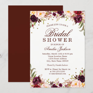 Elegant Gold Burgundy Floral Bridal Shower Invitation