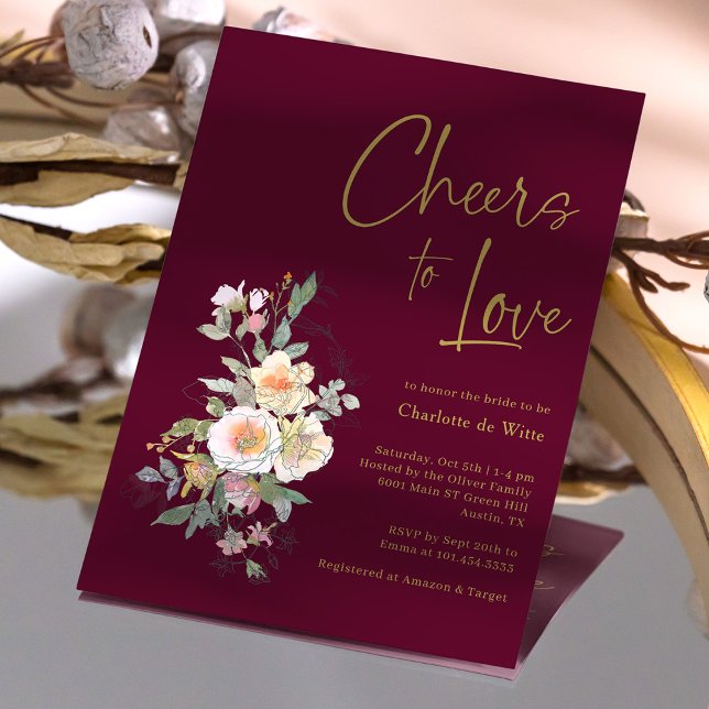 Elegant Gold Burgundy Floral Bridal Shower Invitation (Elegant Gold Burgundy Floral Bridal Shower Invitation)