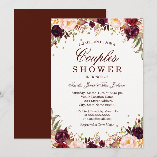 Elegant Gold Burgundy Floral Couples Shower Invitation (Front/Back)