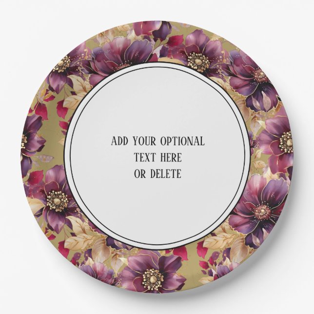 Elegant Gold Burgundy Floral pattern border Paper Plate (Front)
