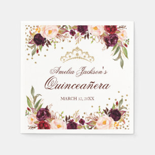 Elegant Gold Burgundy Floral Quinceanera Napkin