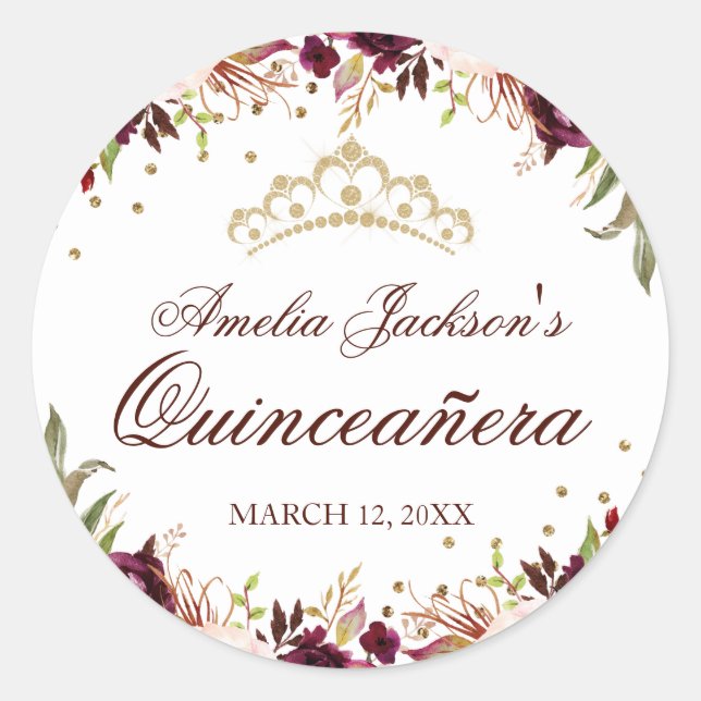 Elegant Gold Burgundy Floral Quinceanera Sticker (Front)