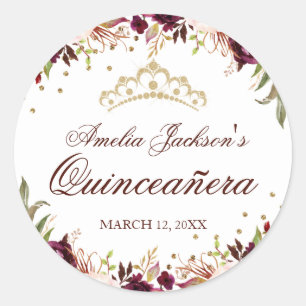Elegant Gold Burgundy Floral Quinceanera Sticker