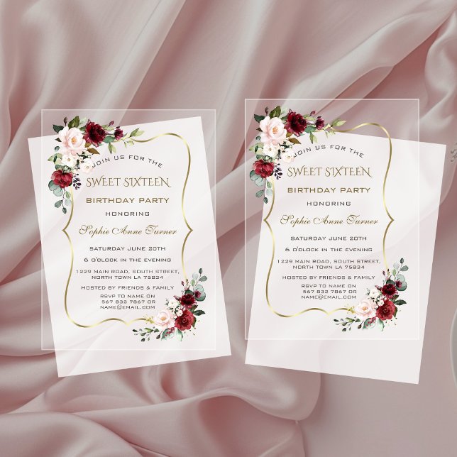 Elegant Gold Burgundy Flowers Sweet Sixteen  Acrylic Invitations (Creator Uploaded)