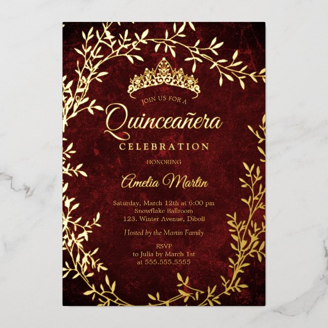 Elegant Gold Burgundy Leaf Wreath Quinceanera (Front)