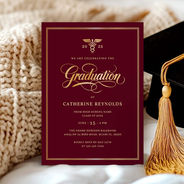 Elegant Gold Burgundy Medical Graduation Party Invitation (Creator Uploaded)