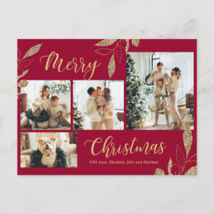 Elegant Gold Burgundy Photo Collage Christmas Postcard