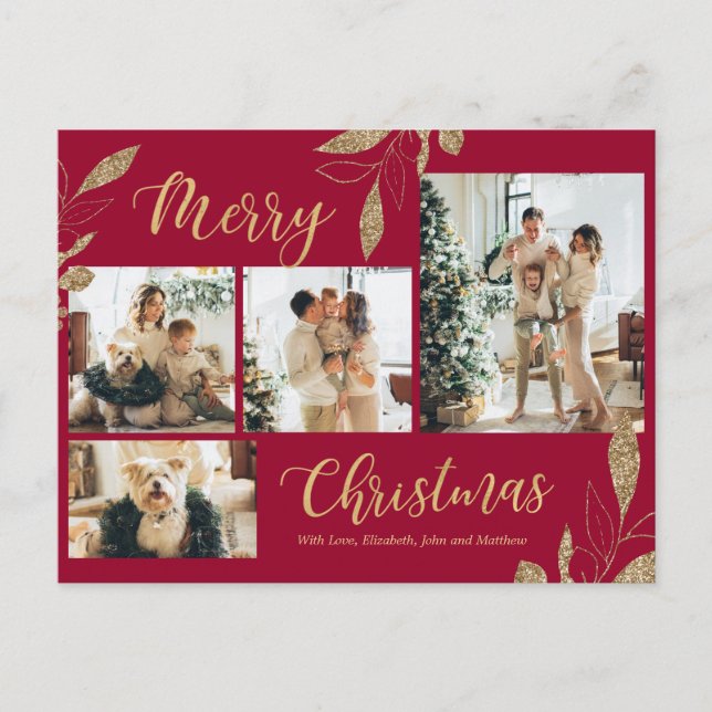 Elegant Gold Burgundy Photo Collage Christmas Postcard (Front)