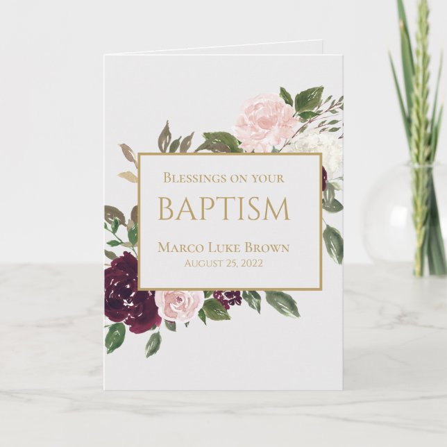 Elegant Gold Burgundy Pink Blessings Christening  Card (Front)