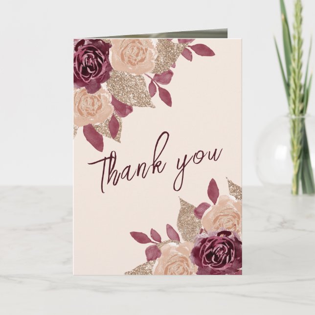 Elegant Gold Burgundy Pink Roses Wedding Photo Thank You Card (Front)