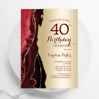 Elegant Gold Burgundy Red Agate 40th Birthday