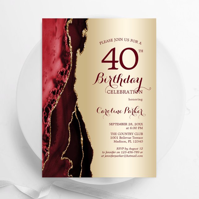 Elegant Gold Burgundy Red Agate 40th Birthday Invitation (Creator Uploaded)