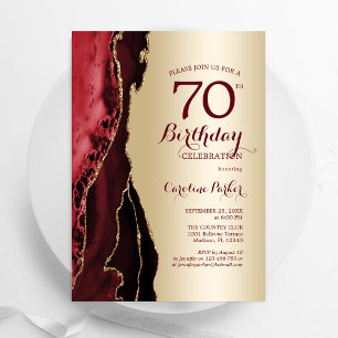 Elegant Gold Burgundy Red Agate 70th Birthday Invitation