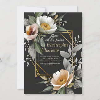 Elegant Gold Burgundy Red and Black Floral Wedding Invitation