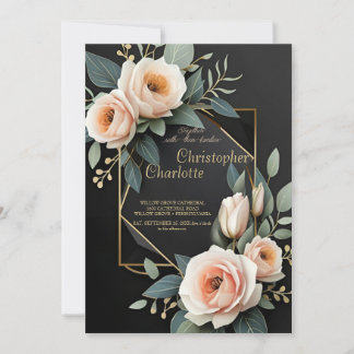 Elegant Gold Burgundy Red and Black Floral Wedding Invitation