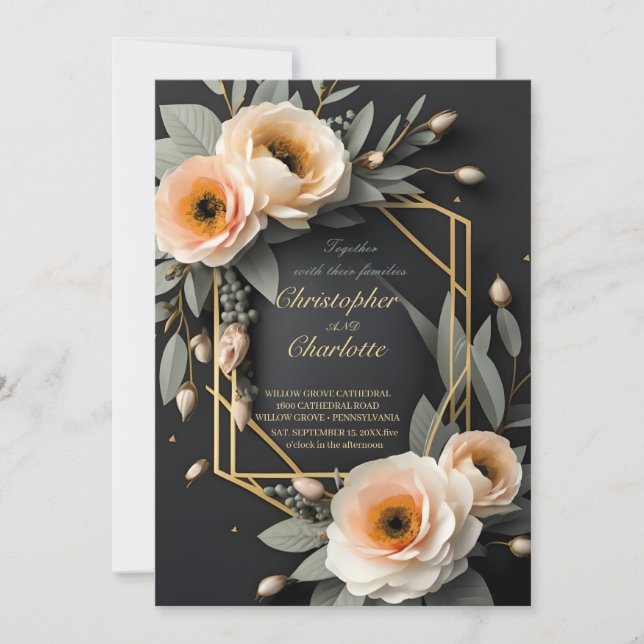 Elegant Gold Burgundy Red and Black Floral Wedding Invitation (Front)