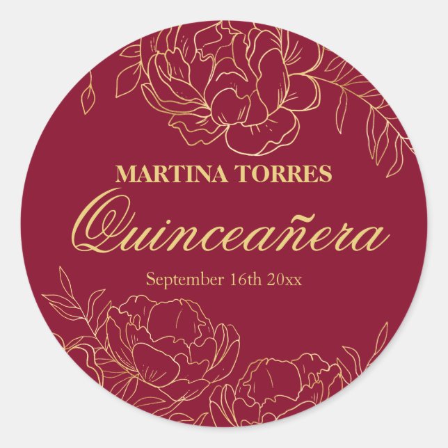 Elegant Gold Burgundy Red Floral Quinceanera Classic Round Sticker (Front)