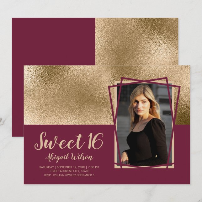 Elegant gold & burgundy sweet sixteen birthday invitation (Front/Back)