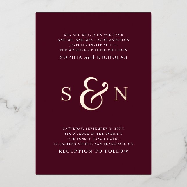 Elegant gold burgundy typography details wedding (Front)