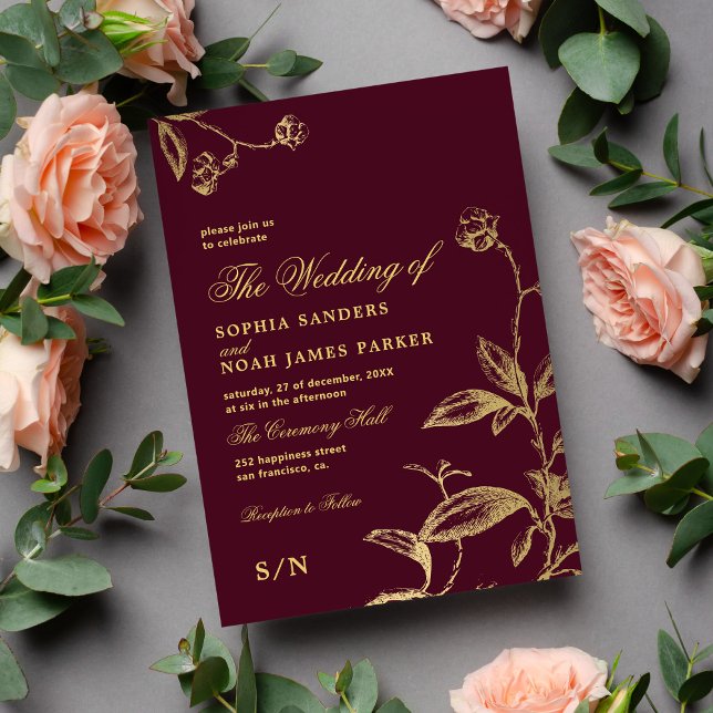 Elegant gold burgundy vintage antique wedding invitation (Creator Uploaded)