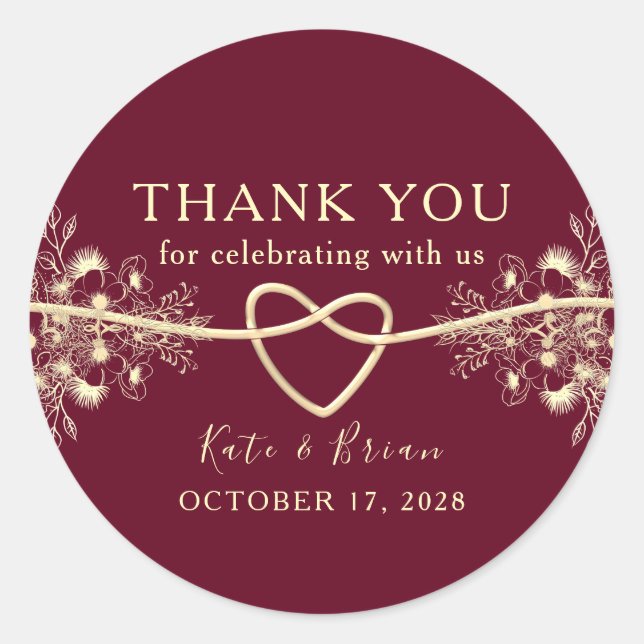 Elegant Gold Burgundy Wedding Favour Sticker  (Front)