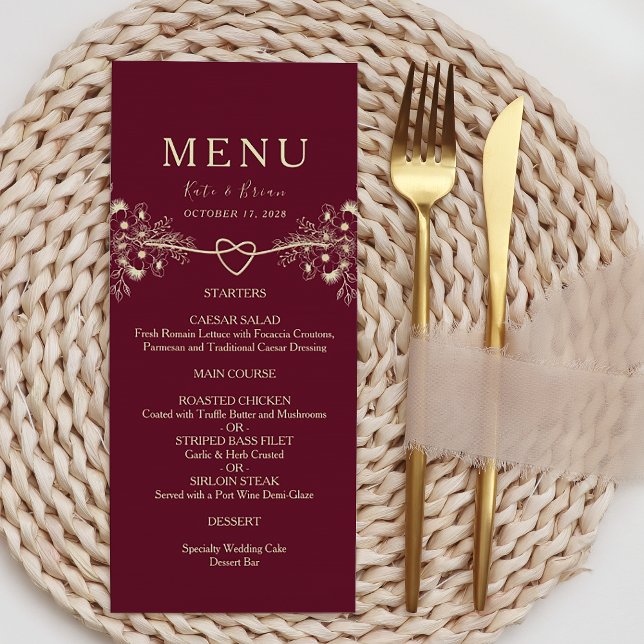 Elegant Gold Burgundy Wedding Menu Card (Creator Uploaded)