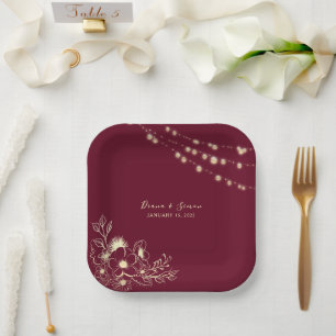 Elegant Gold Burgundy Wedding  Paper Plate
