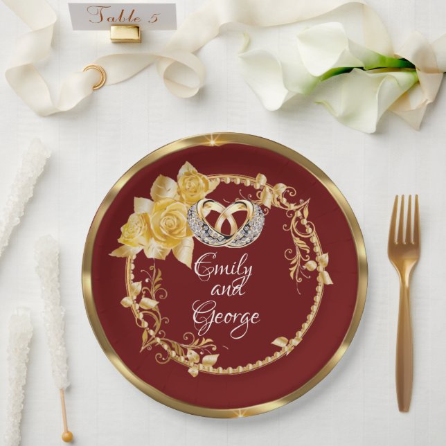 Elegant Gold Burgundy Wedding Personalised  Paper Plate (Wedding)