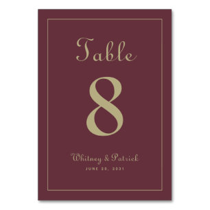 Elegant Gold Burgundy Wedding Reception Dinner Table Number