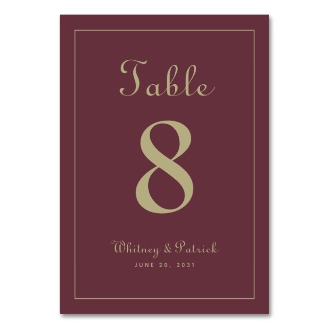 Elegant Gold Burgundy Wedding Reception Dinner Table Number (Front)