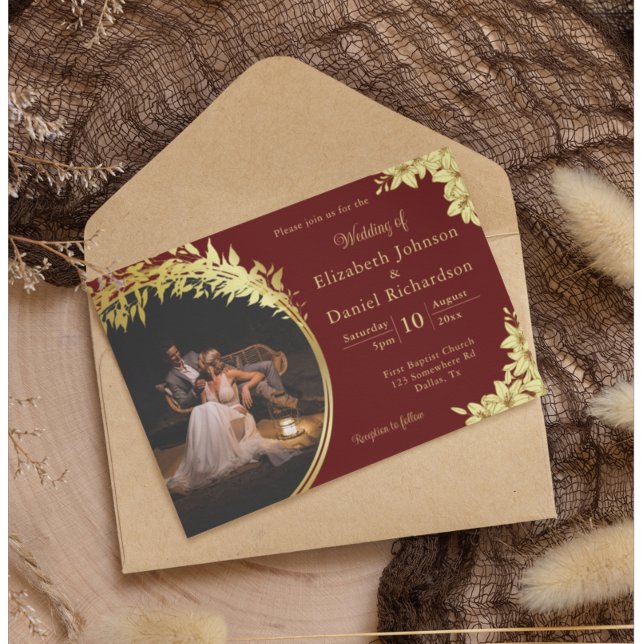 Elegant Gold, Burgundy With Lilies Photo Wedding Invitation (Creator Uploaded)