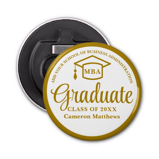 Elegant Gold Business School Graduation MBA Bottle Opener (Front)
