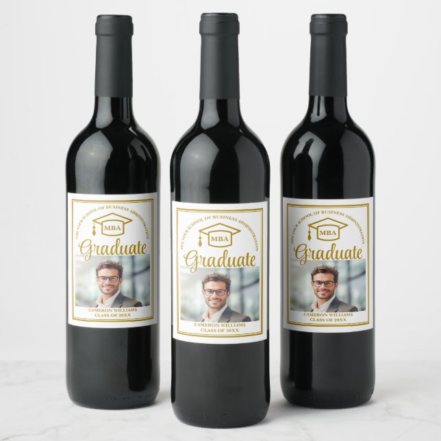 Elegant Gold Business School Graduation MBA Photo Wine Label (Bottles)