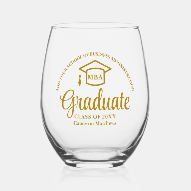 Elegant Gold Business School Graduation MBA Stemless Wine Glass (Front)