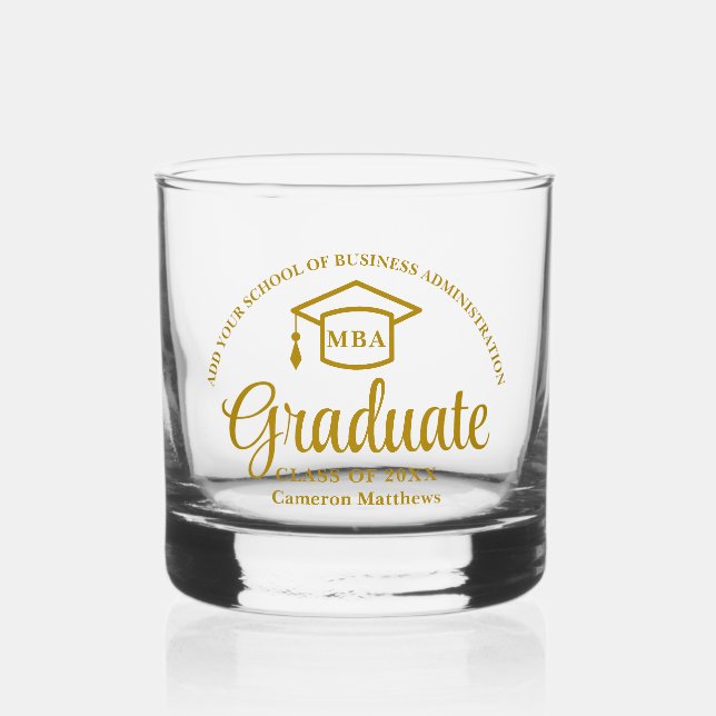 Elegant Gold Business School Graduation MBA Whiskey Glass (Front)